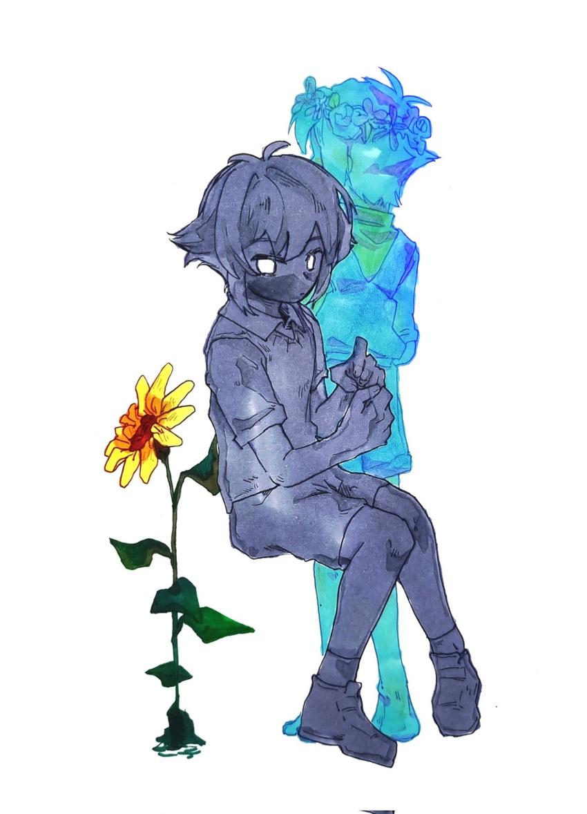 2boys, barefoot, basil_(headspace)_(omori), basil_(omori), black_hair, black_skin, blue_overalls, closed_mouth