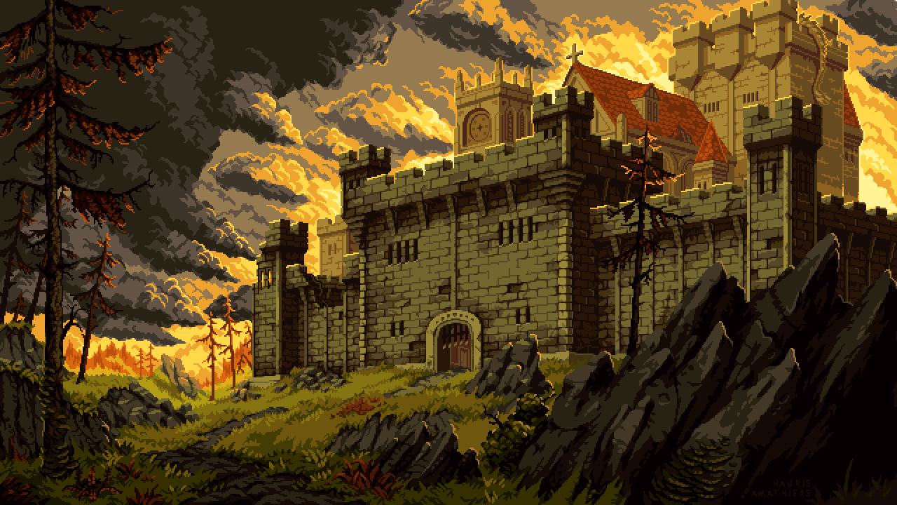 building, castle, clouds, cloudy_sky, commentary, dragon_tail, english_commentary, fire
