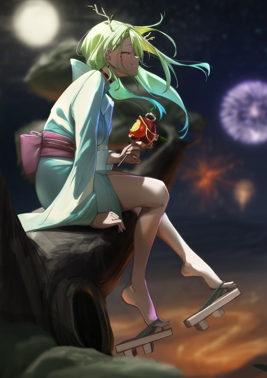 1girl, aerial_fireworks, antlers, black_choker, blurry, blush, braid, branch