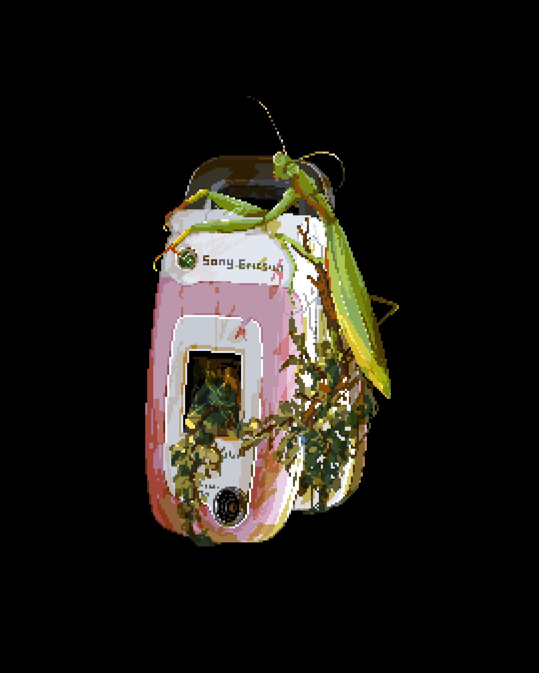 animal, black_background, bug, cellphone, commentary, flip_phone, highres, leaf