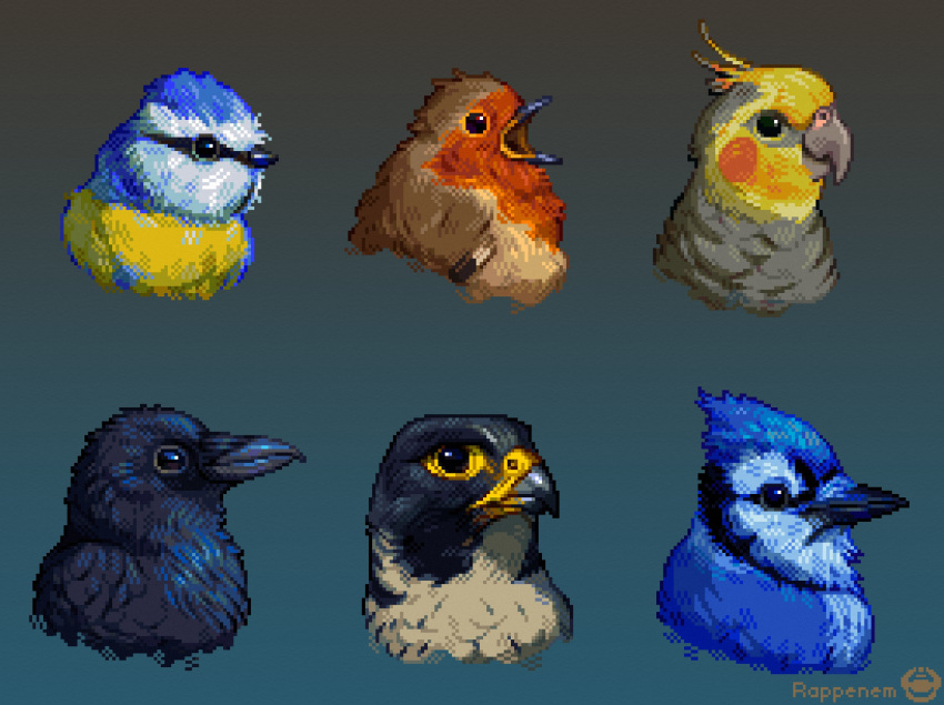 animal, animal_focus, artist_logo, artist_name, bird, black_eyes, black_feathers, blue_feathers