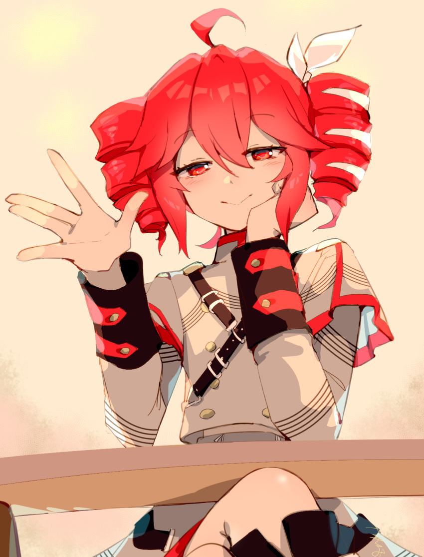 1girl, \||/, absurdres, ahoge, buttons, closed_mouth, crossed_legs, drill_hair, grey_jacket, hair_between_eyes, hair_ribbon, head_rest, highres, jacket, kasane_teto, kasane_teto_(sv), long_sleeves, looking_at_viewer, red_eyes, redhead, ribbon, shoulder_belt, signature, sitting, solo, synthesizer_v, textless_version, torino_sasami, translation_request, twin_drills, twintails, utau, waving, white_ribbon