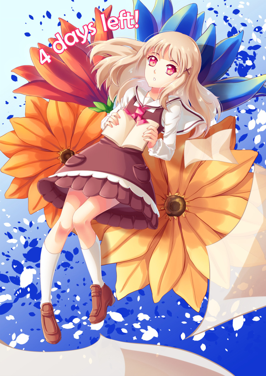 1girl, aria's_story, aria_bellamy, blonde_hair, book, countdown, dress, flower