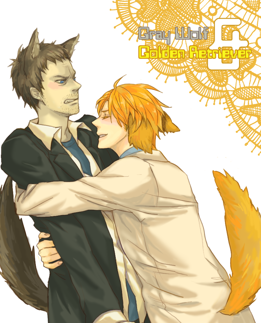 ahoge, animal_ears, bad_id, blonde_hair, blue_eyes, brown_hair, dog_ears, dog_tail