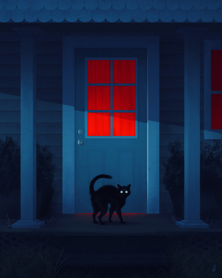 animal, animal_focus, arched_back, black_cat, blank_eyes, blue_light, blue_theme, building