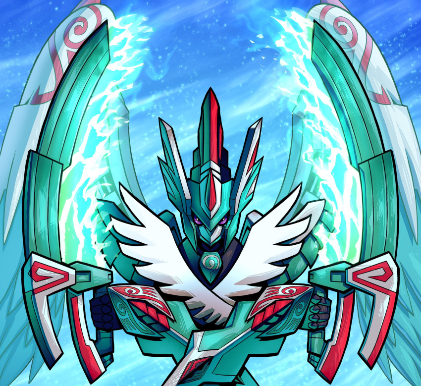 armor, blue_background, blue_sky, digimon, digimon_(creature), dual_wielding, energy_blade, energy_sword