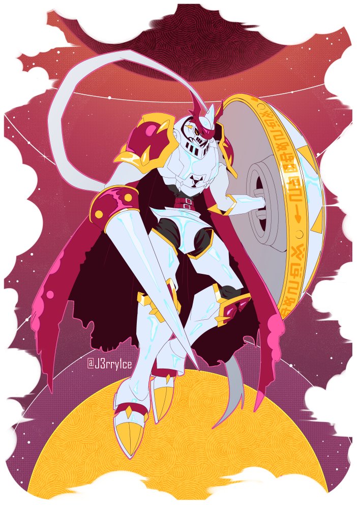 armor, asymmetrical_dual_wielding, belt, border, buckler, cape, closed_eyes, clouds