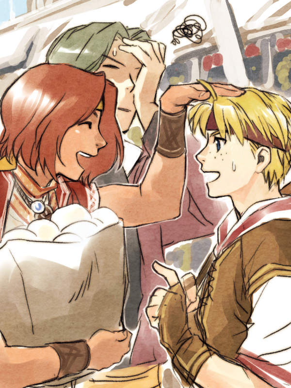 1girl, 2boys, belcoot_(suikoden), blonde_hair, blue_eyes, brown_hair, closed_mouth, dark-skinned_female, dark_skin, fingerless_gloves, freckles, gensou_suikoden, gensou_suikoden_v, gloves, headband, mikisato, multiple_boys, nikea, open_mouth, shoon, smile
