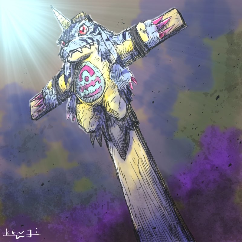 blue_fur, bound, bound_wrists, claws, cross, crucifixion, digimon, digimon_(creature)
