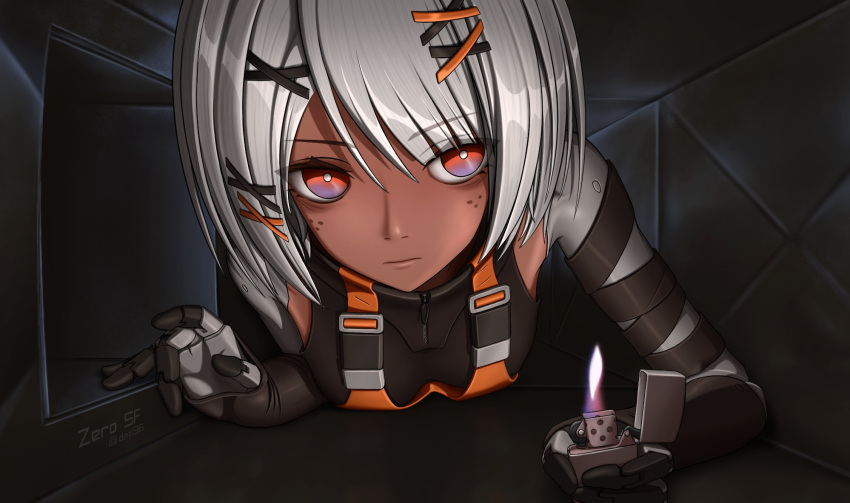 1girl, bandaged_arm, bandages, black_background, black_bodysuit, bodysuit, dark-skinned_female, dark_skin, freckles, gradient_eyes, grey_hair, hair_ornament, highres, mechanical_arms, multicolored_eyes, orange_eyes, punishing:_gray_raven, reference_request, short_hair, sidelocks, solo, sophia_(pgr), suspenders, violet_eyes, x_hair_ornament, zero_sf