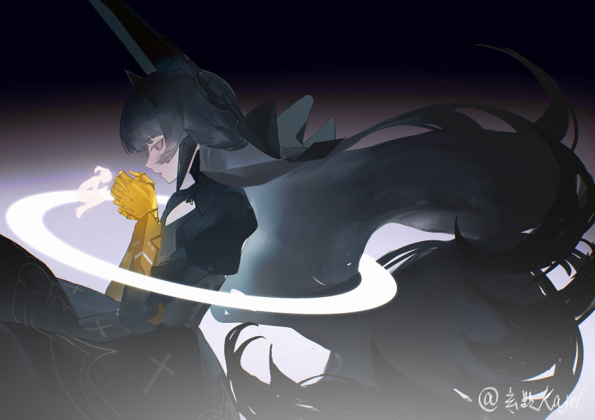 1boy, black_dress, black_hair, cleavage_cutout, clothing_cutout, dress, headgear, highres, horns, kajol98606618, long_hair, mechanical_arms, nanami:_starfarer_(pgr), nanami:_storm_(pgr), nanami_(pgr), puffy_sleeves, punishing:_gray_raven, short_sleeves, signature, solo, very_long_hair