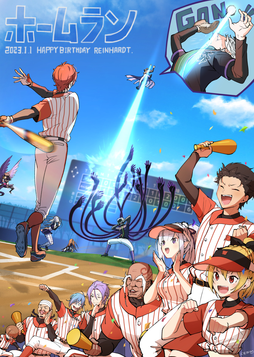 4girls, 6+boys, ;), absurdres, alternate_costume, alternate_hairstyle, arm_up, bald, bandaged_head, bandaged_leg, bandages, baseball_bat, baseball_uniform, black_hair, blonde_hair, blue_hair, blue_sky, bowl_cut, breasts, capella_emerada_lugnica, chain, chain_around_neck, cheering, chin_(re:zero), closed_eyes, clouds, colored_skin, commentary_request, emilia_(re:zero), english_text, felt_(re:zero), flying, green_hair, green_skin, grey_hair, hair_over_one_eye, happy_birthday, highres, holding, holding_baseball_bat, julius_juukulius, kan_(re:zero), kumuo_(mirakurufusao), long_hair, lye_batenkaitos, midair, multiple_boys, multiple_girls, natsuki_subaru, one_eye_closed, open_mouth, outdoors, pants, petelgeuse_romaneeconti, ponytail, purple_hair, re:zero_kara_hajimeru_isekai_seikatsu, red_eyes, regulus_corneas, reinhard_van_astrea, rom_(re:zero), scoreboard, sirius_(re:zero), sky, smile, sportswear, standing, thick_eyebrows, ton_(re:zero), tongue, tongue_out, translation_request, violet_eyes, visor_cap, white_hair, white_pants, wings