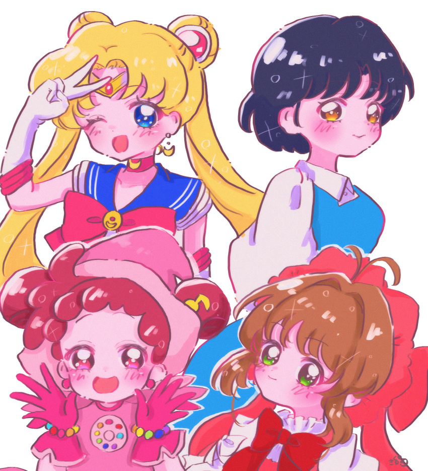 4girls, bishoujo_senshi_sailor_moon, black_hair, blonde_hair, blue_eyes, brown_hair, cardcaptor_sakura, fuurinkan_high_school_uniform, green_eyes, harukaze_poppu, highres, kinomoto_sakura, magical_girl, multiple_girls, nasu_nasu79, ojamajo_doremi, pink_eyes, ranma_1/2, redhead, sailor_moon, school_uniform, tendou_akane, tsukino_usagi