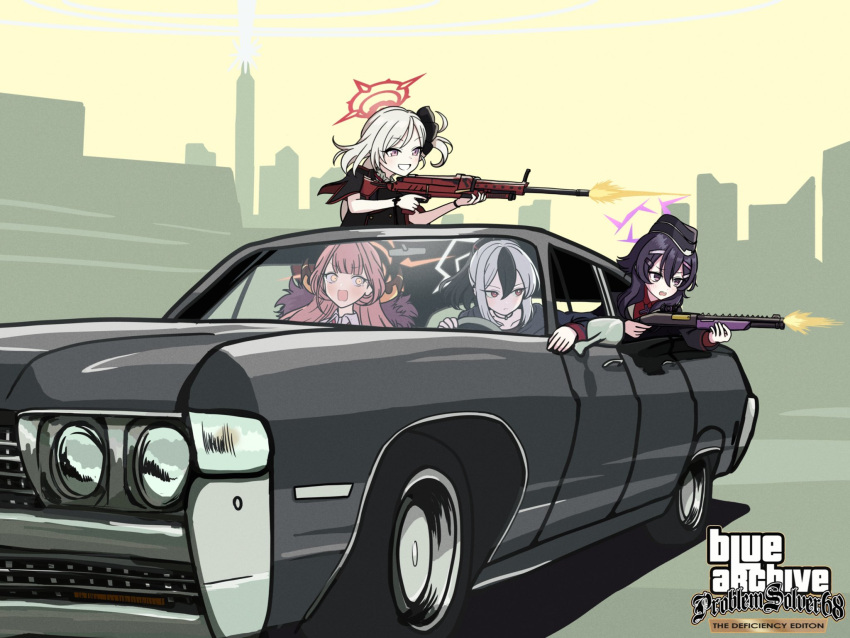 4girls, aru_(blue_archive), black_car, blue_archive, car, cityscape, driving, firing