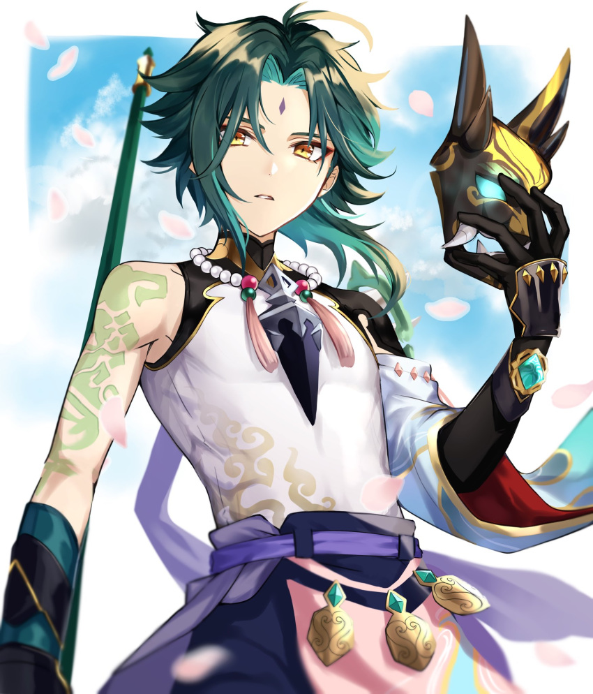 1boy, aqua_hair, arm_at_side, asymmetrical_hair, bead_necklace, beads, bishounen, black_gloves, blue_sky, blurry, border, clouds, cowboy_shot, curtained_hair, day, depth_of_field, detached_sleeves, elbow_gloves, facial_mark, fading_border, falling_petals, flipped_hair, forehead_mark, genshin_impact, gloves, hand_up, highres, holding, holding_mask, holding_polearm, holding_weapon, jewelry, looking_at_viewer, looking_to_the_side, male_focus, mask, middle_part, necklace, official_style, outside_border, pants, parted_hair, parted_lips, petals, pink_loincloth, pink_petals, polearm, purple_sash, sash, shirt, short_hair_with_long_locks, single_bare_shoulder, single_detached_sleeve, sky, sleeveless, sleeveless_shirt, solo, unworn_mask, v1030s024, weapon, white_border, white_shirt, wind, xiao_(genshin_impact), yellow_eyes