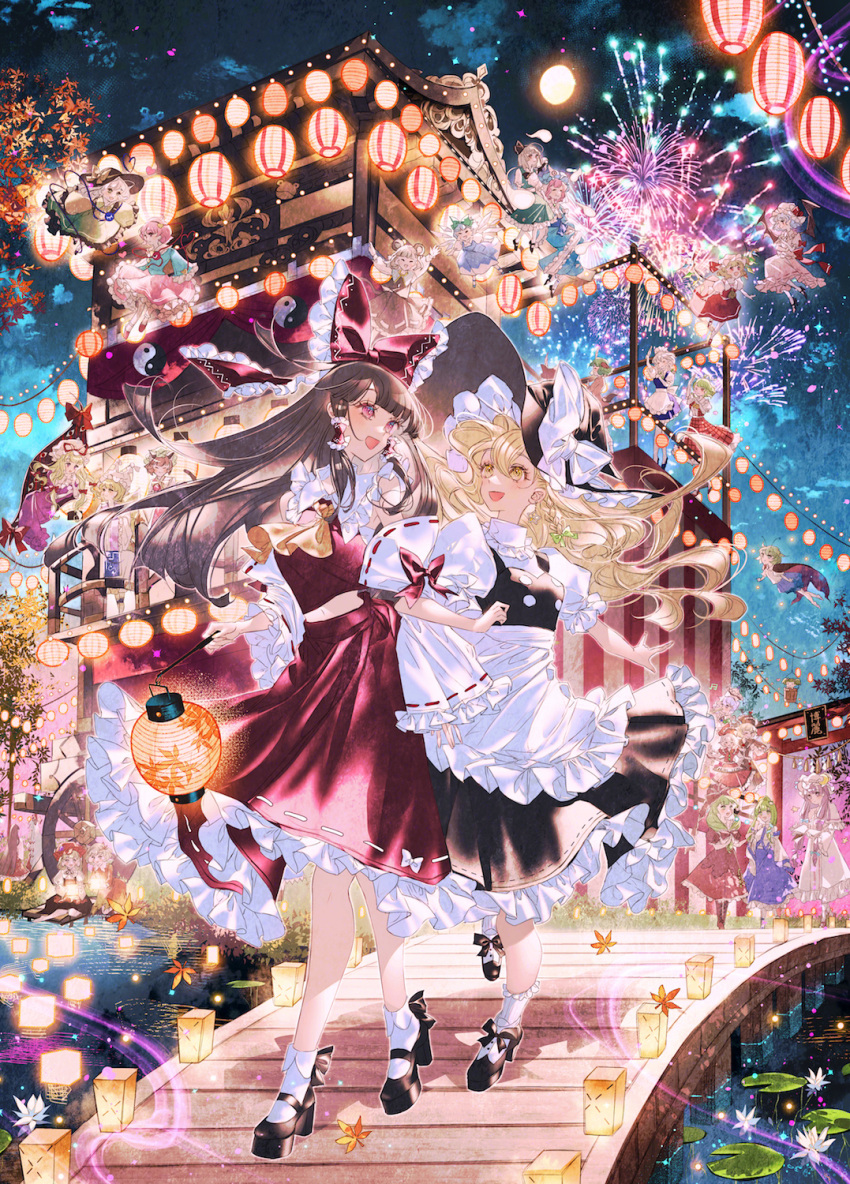 6+girls, aerial_fireworks, aki_minoriko, aki_shizuha, animal_ears, animal_hat, antennae, apron