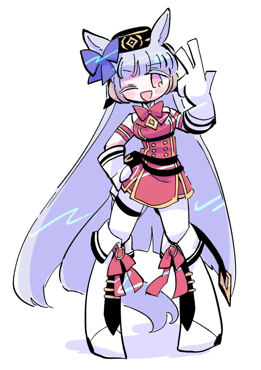 1girl, animal_ears, blunt_bangs, blush, boots, breasts, elbow_gloves, engawa_(engawagorigori), full_body, gloves, gold_ship_(umamusume), grey_hair, hand_on_own_hip, highres, horse_ears, horse_girl, horse_tail, knee_boots, large_breasts, long_hair, one_eye_closed, open_mouth, pink_eyes, simple_background, smile, solo, tail, umamusume, v, white_background, white_footwear, white_gloves