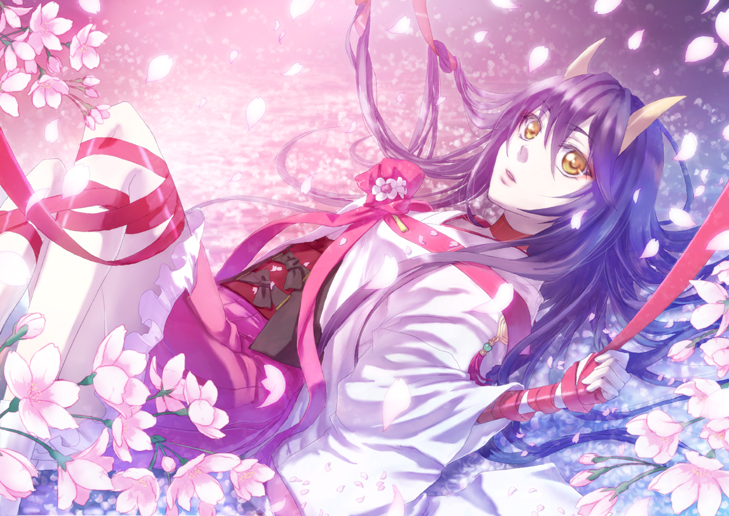 choker, hinomoto_oniko, horns, kuni_honori, kunimoto_ori, long_hair, lying, on_back