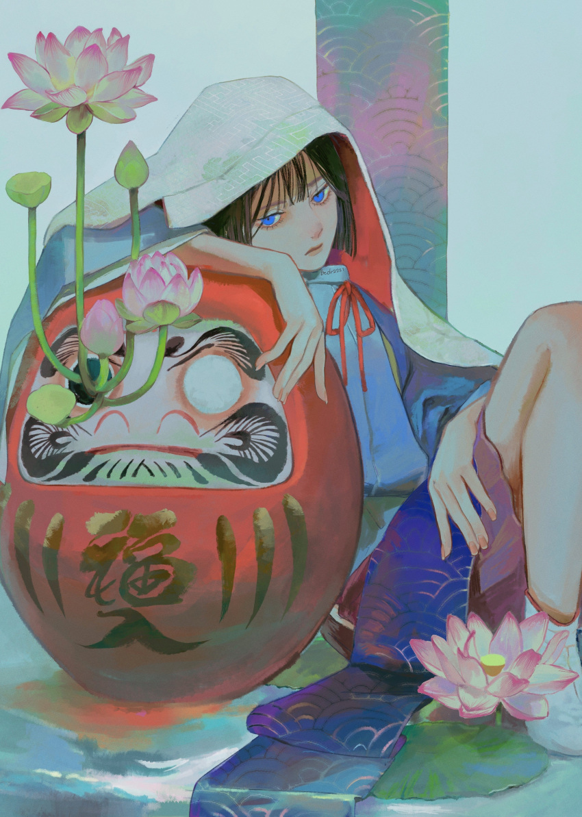 1girl, absurdres, androgynous, arm_rest, bedr2221, blue_eyes, blue_sash, blunt_bangs