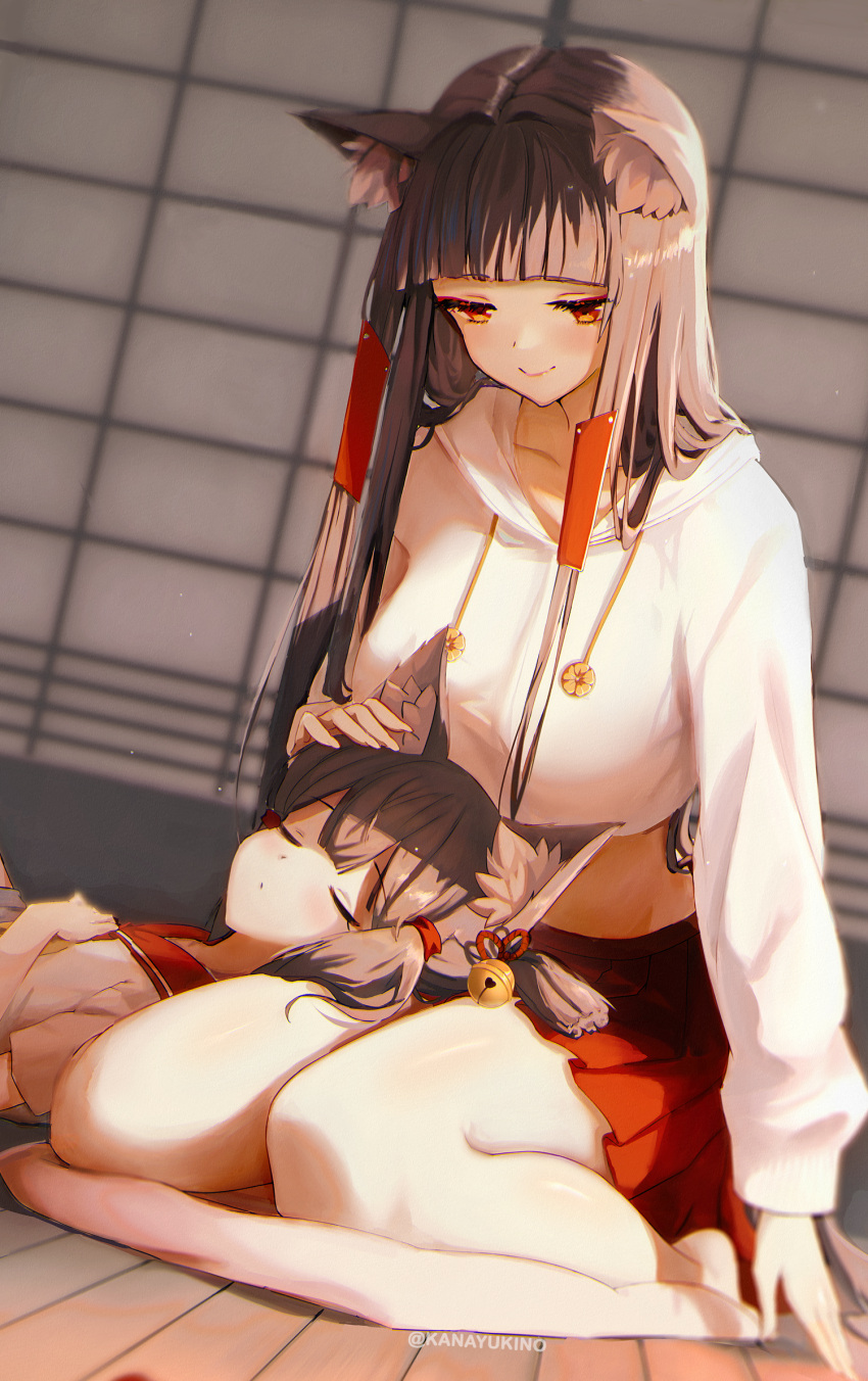 2girls, akagi-chan_(azur_lane), akagi_(azur_lane), animal_ears, azur_lane, bare_legs, bell, blush