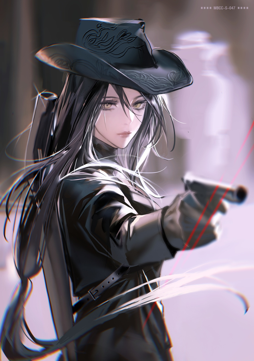 1girl, absurdres, alternate_costume, angell_(path_to_nowhere), black_coat, black_gloves, black_hair, black_hat