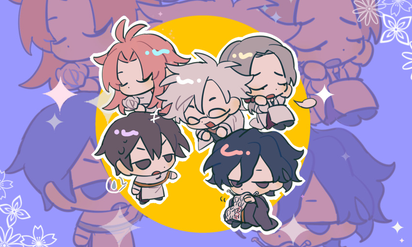 1girl, 4boys, ^_^, alternate_hair_color, antenna_hair, black_eyes, black_hair, black_pants