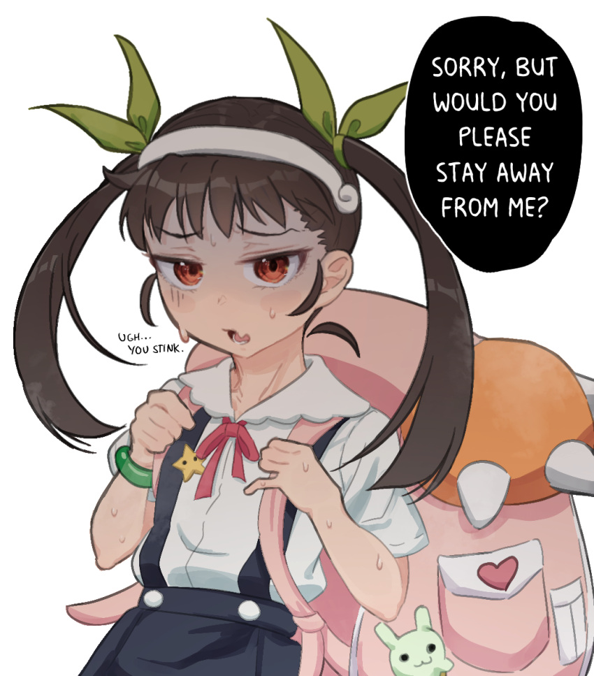 1girl, backpack, bag, bakemonogatari, brown_eyes, brown_hair, child, english_text, fang, gloom_(expression), green_ribbon, hachikuji_mayoi, hair_ribbon, hairband, heart, highres, insult, long_hair, looking_at_viewer, monogatari_(series), otaichiichi, pink_bag, ribbon, simple_background, skin_fang, speech_bubble, star_(symbol), sweat, twintails, upper_body, white_background