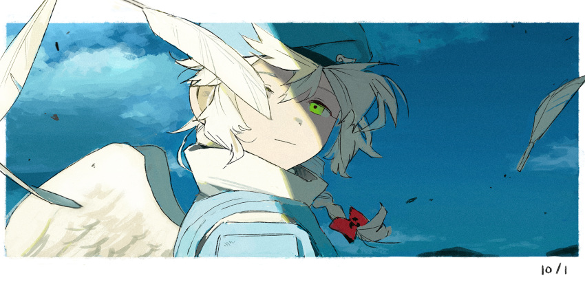 1girl, angel_wings, beret, blue_hat, blue_jacket, border, braid, closed_mouth, commentary_request, dated, dated_commentary, feathers, film_grain, green_eyes, hair_between_eyes, hat, highres, ineesan, jacket, kanna_(love-bullet), looking_at_viewer, looking_to_the_side, love-bullet, official_art, one_eye_covered, outside_border, shirt, single_braid, sky, solo, upper_body, white_border, white_hair, white_shirt, wings