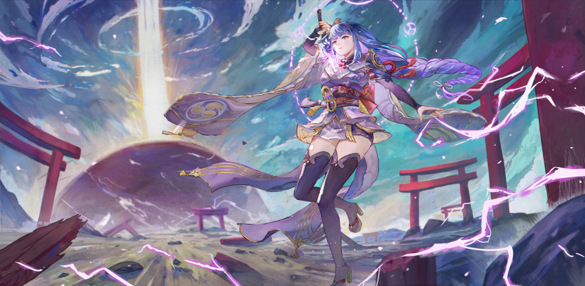 1girl, absurdres, arm_up, armor, asymmetrical_sleeves, black_panties, black_thighhighs, blue_sky