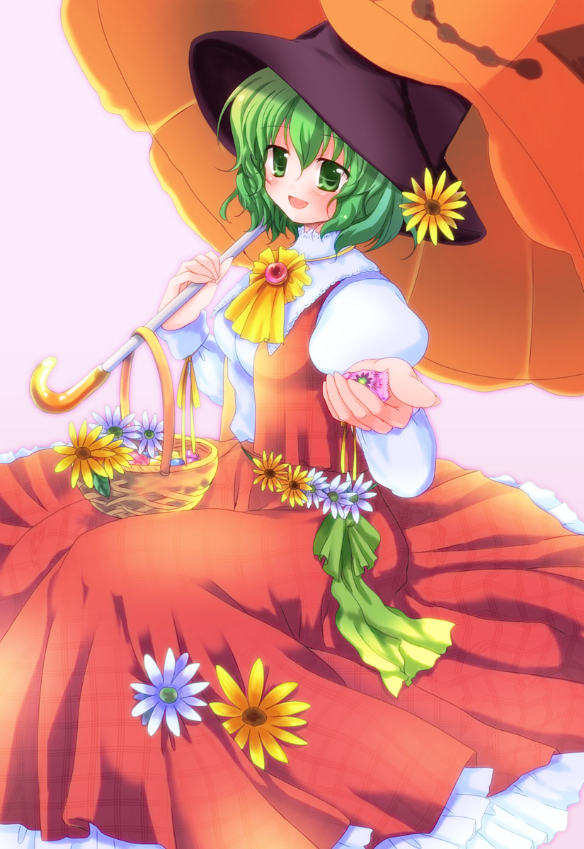 basket, candy, flower, green_eyes, green_hair, halloween, hat, highres
