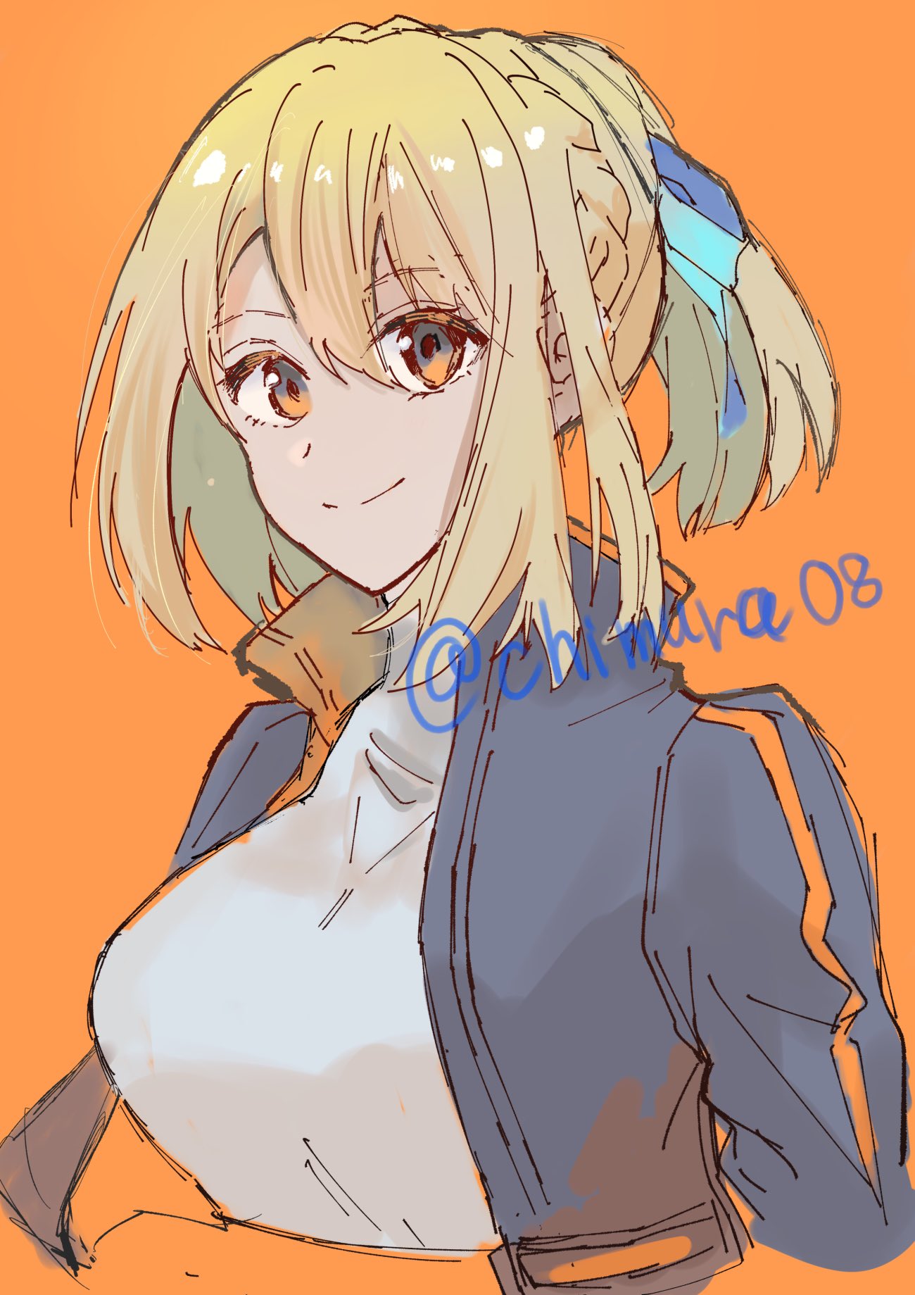 1girl, blonde_hair, blue_jacket, blue_ribbon, braid, breasts, closed_mouth, cropped_torso