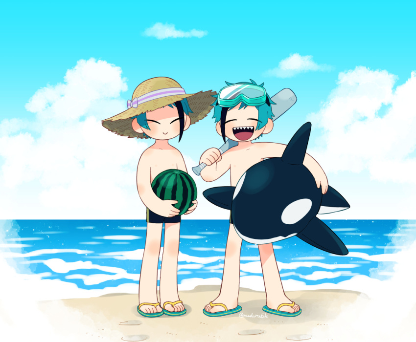 2boys, baseball_bat, beach, blue_hair, brothers, closed_eyes, commentary_request, deformed, floyd_leech, food, fruit, full_body, goggles, goggles_on_head, hat, holding, holding_baseball_bat, holding_food, holding_fruit, holding_watermelon, inflatable_orca, inflatable_toy, jade_leech, madara6k, male_focus, male_swimwear, multiple_boys, ocean, outdoors, sandals, sharp_teeth, short_hair, siblings, sun_hat, swim_trunks, teeth, topless_male, twins, twisted_wonderland, watermelon