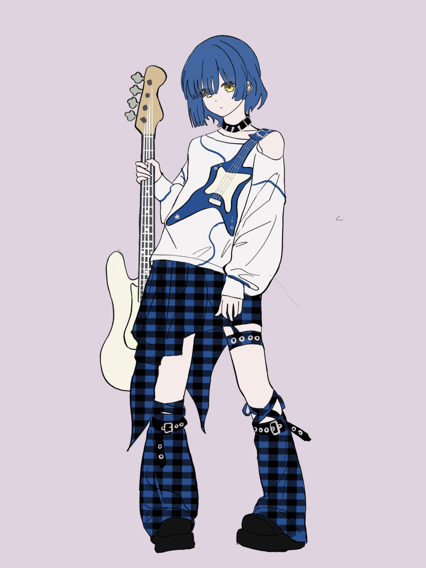 1girl, bigrabbitcookie, black_choker, blue_hair, bocchi_the_rock!, checkered_clothes, choker, electric_guitar
