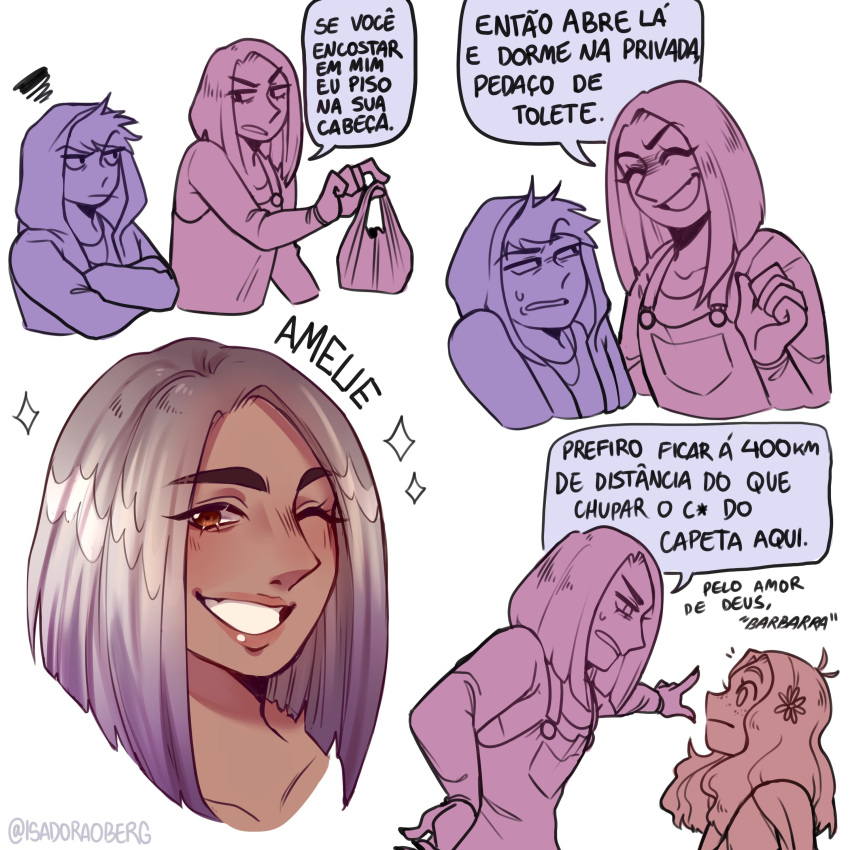 1boy, 2girls, absurdres, amelie_florence, annoyed, barbara_lima, brown_eyes, crossed_arms, freckles, highres, hood, hoodie, isadoraoberg, multicolored_hair, multiple_girls, olivier_florence, one_eye_closed, ordem_paranormal:_o_segredo_na_ilha, overalls, portuguese_text, purple_hair, short_hair, siblings, sparkle, tall_female, translated, v-shaped_eyebrows, wavy_hair, white_hair