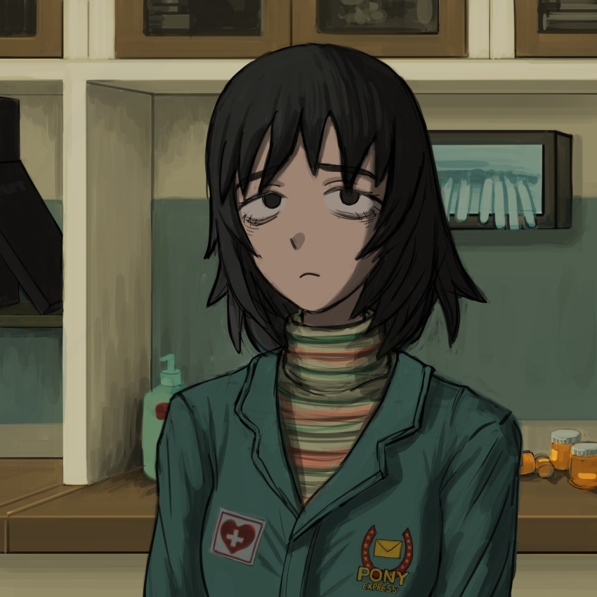 1girl, anya_(mouthwashing), badge, black_eyes, black_hair, blue_jumpsuit, bottle, commentary_request