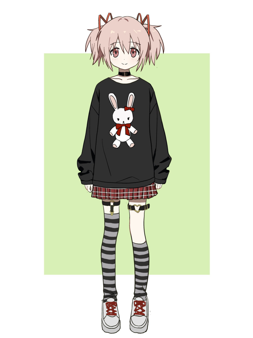 1girl, bigrabbitcookie, black_choker, choker, green_background, hair_ribbon, highres, kaname_madoka