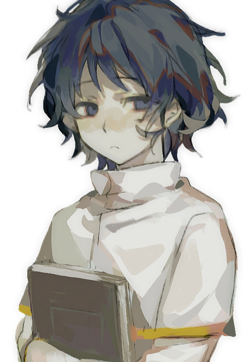 1boy, black_eyes, black_hair, book, capelet, chinese_commentary, closed_mouth, commentary_request, frown, gold_trim, high_collar, highres, holding, holding_book, kaixing421, long_sleeves, male_focus, saibou_shinkyoku, shirt, short_hair, simple_background, solo, upper_body, utsugi_noriyuki, white_background, white_capelet, white_shirt