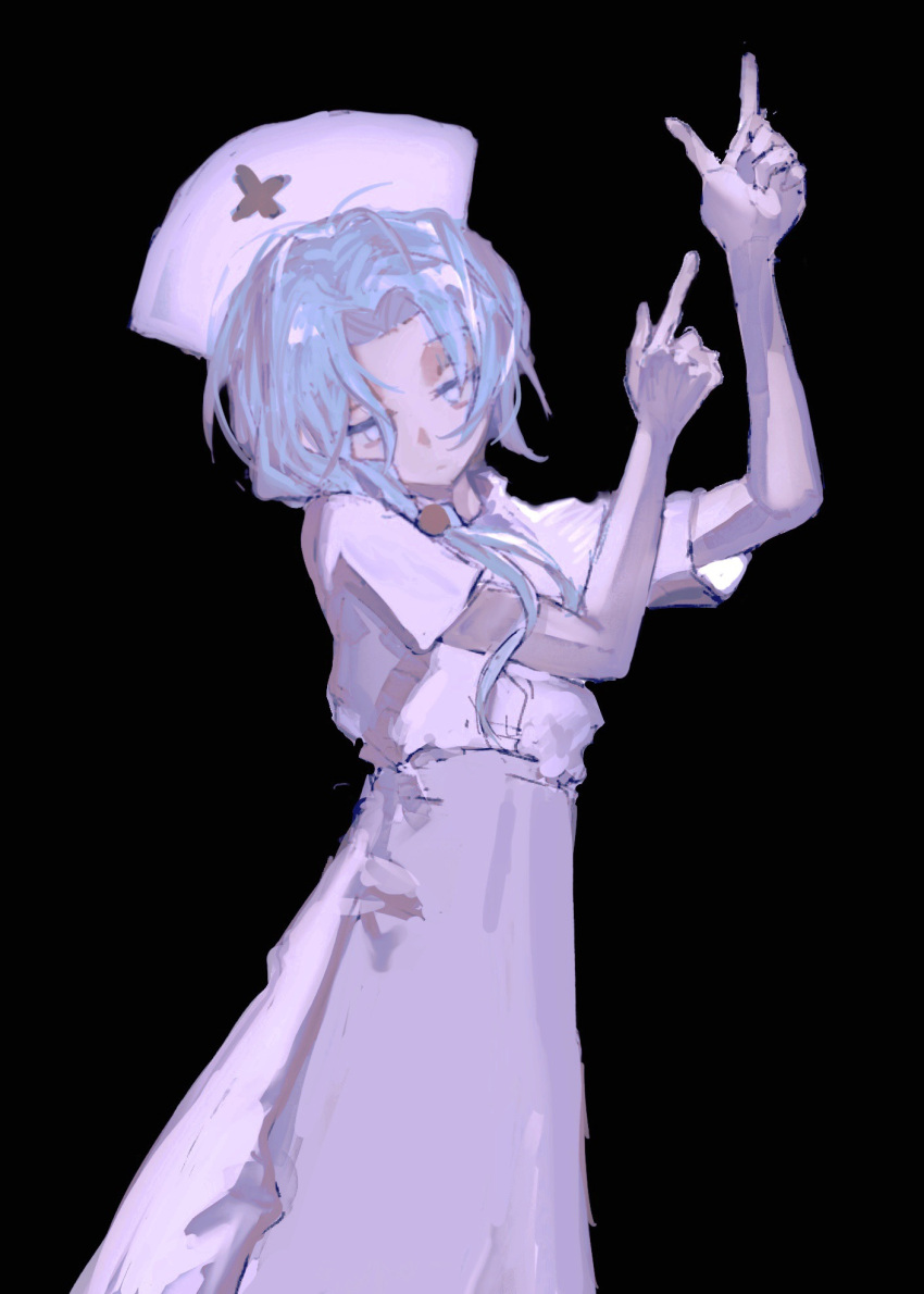 1girl, alternate_costume, arms_up, black_background, blue_eyes, blue_hair, chundizhouqin, closed_mouth