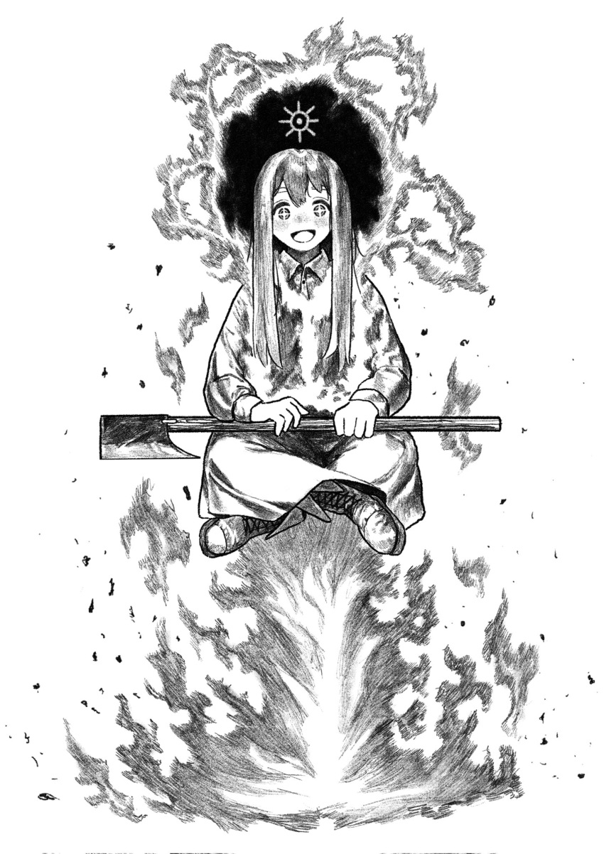 1girl, axe, boots, collared_dress, dress, fire, floating, greyscale
