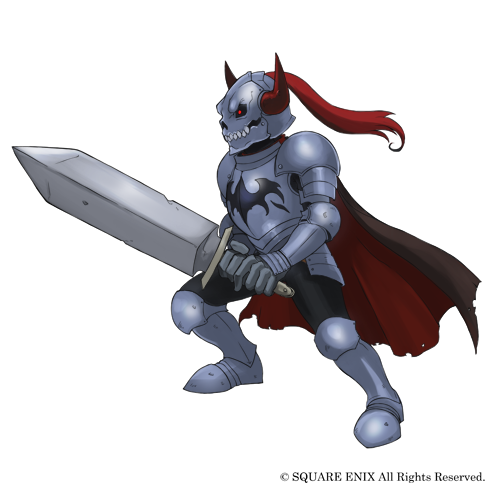 1boy, armor, armored_boots, armored_gloves, boots, cape, copyright_notice, demon_soldier_(grimms_notes), full_body, grimms_notes, helmet, holding, holding_sword, holding_weapon, horns, lowres, male_focus, red_eyes, simple_background, solo, sword, weapon, white_background, zaebos