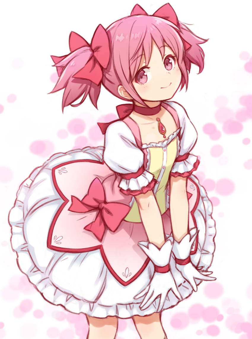1girl, bow, bubble_skirt, choker, commentary_request, dress, dress_bow, frilled_dress, frills, gloves, hair_bow, haruneharu, highres, kaname_madoka, kaname_madoka_(magical_girl), magical_girl, mahou_shoujo_madoka_magica, mahou_shoujo_madoka_magica_(anime), pink_eyes, pink_hair, ribbon_choker, short_sleeves, skirt, smile, solo, soul_gem, twintails
