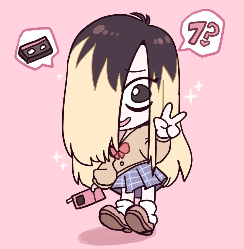 1girl, bags_under_eyes, black_eyes, black_hair, blonde_hair, bow, bowtie, chibi