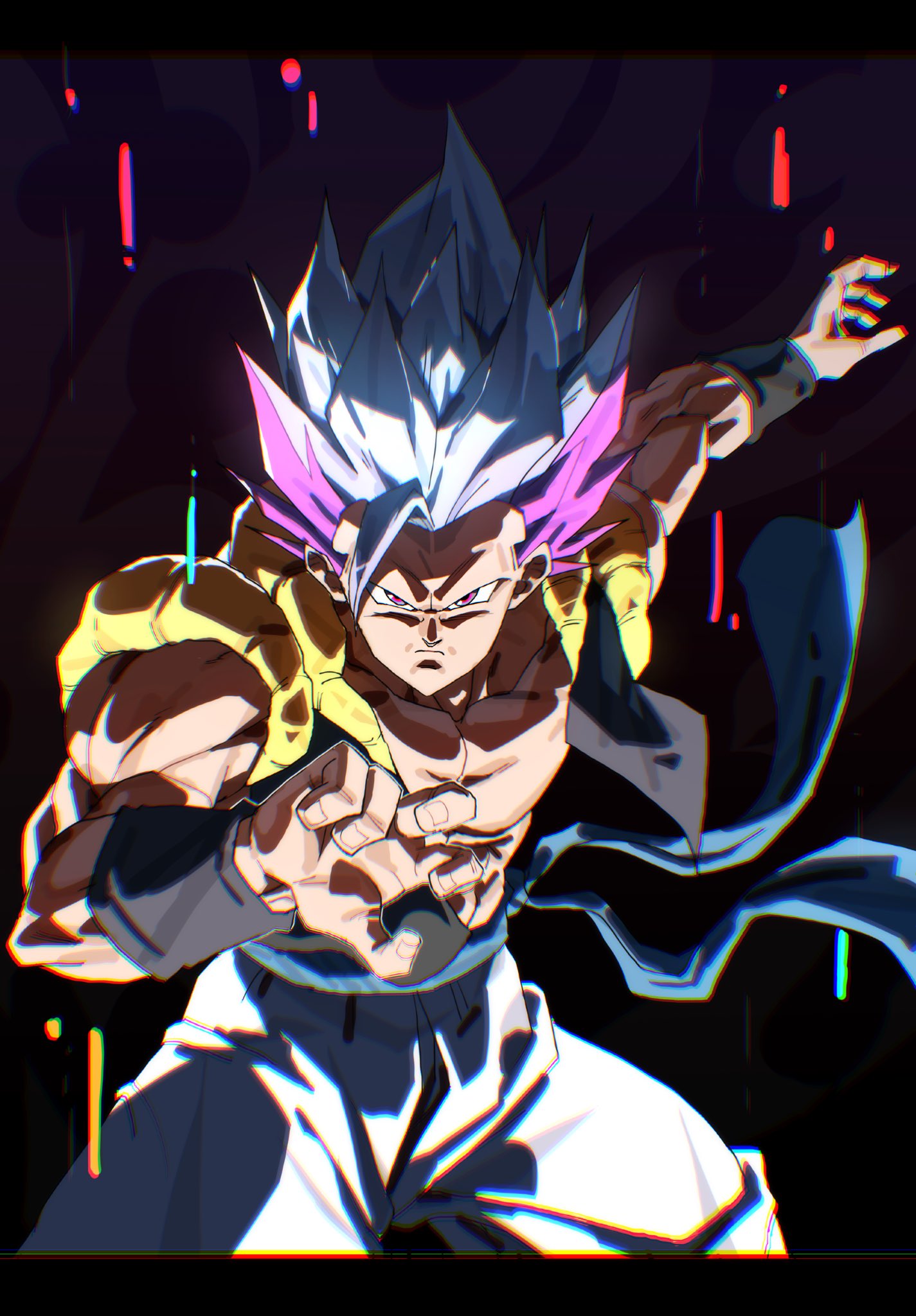 1boy, alternate_form, alternate_universe, black_background, black_vest, black_wristband, blue_sash, blurry