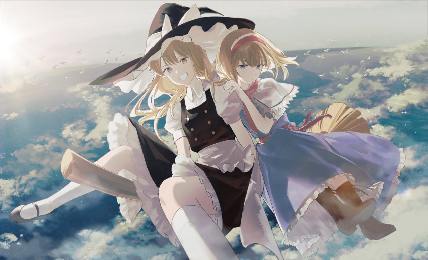 2girls, alice_margatroid, apron, black_footwear, black_hat, black_skirt, black_vest, blonde_hair
