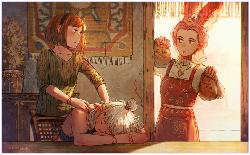 3girls, :/, arm_rest, artist_name, asimov_(spindle_(aidenr0)), backlighting, bag, black-eyed_susan, black_bra, black_hairband, black_panties, blunt_ends, blush, bob_cut, bra, bracelet, breasts, cabinet, chair, closed_eyes, closed_mouth, coffee, collarbone, commentary, couple, cowboy_shot, doorway, dress, elbow_rest, elf, english_commentary, eye_contact, felt_(spindle_(aidenr0)), green_eyes, green_shirt, hair_bun, hairband, head_down, highres, holding, holding_bag, hunched_over, indoors, jewelry, leaning_forward, light_particles, long_hair, looking_at_another, loose_hair_strand, massage, medium_breasts, medium_hair, multiple_girls, necklace, no_pants, on_chair, original, ottilie_(spindle_(aidenr0)), panties, parted_bangs, pinafore_dress, pink_hair, plant, pointy_ears, ponytail, potted_plant, red_dress, ribbed_sweater, see-through_clothes, see-through_shirt, shirt, short_hair, shoulder_massage, single_hair_bun, sitting, sleeveless, sleeveless_dress, sleeves_rolled_up, small_breasts, spindle_(aidenr0), standing, sweater, swept_bangs, table, tapestry, tea, turtleneck, turtleneck_sweater, underwear, wallpaper_(object), white_hair, white_sweater, yuri