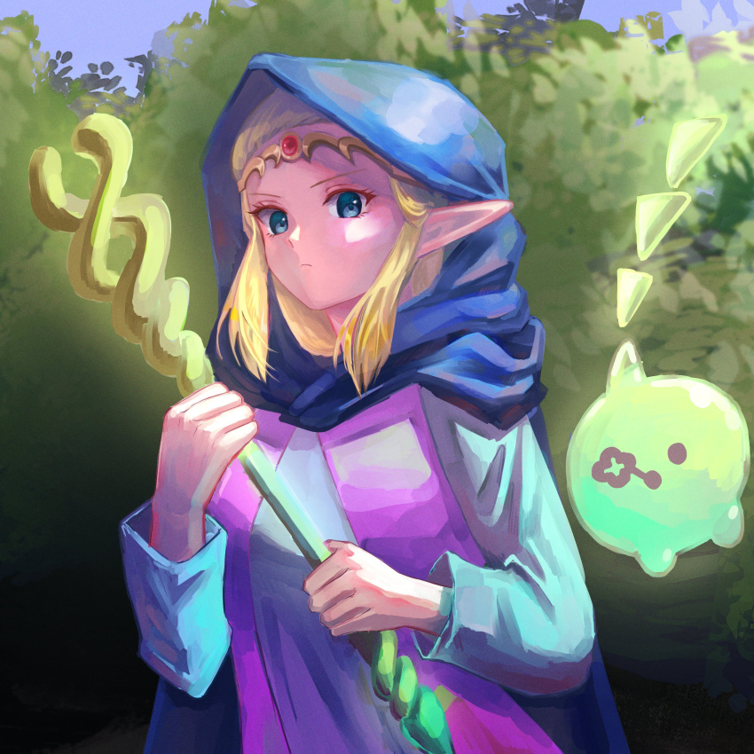1girl, absurdres, blonde_hair, blue_cloak, blue_eyes, circlet, cloak, closed_mouth, commentary_request, eyelashes, highres, hmk_3373, holding, holding_staff, hood, hooded_cloak, pointy_ears, solo, staff, standing, the_legend_of_zelda, the_legend_of_zelda:_echoes_of_wisdom, tri_(zelda)