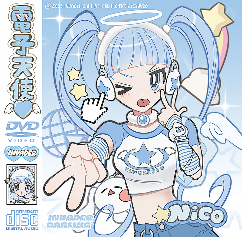 >_<, 1girl, ;p, arm_warmers, blue_arm_warmers, blue_background, blue_eyes, blue_pants, blue_sleeves, blue_theme, blunt_bangs, breasts, choker, copyright_notice, cover, cowboy_shot, creature, crop_top, dated, detached_wings, diffraction_spikes, dvd_cover, gradient_background, halo, hand_cursor, hands_up, headphones, invaderdarling, long_hair, midriff, one_eye_closed, original, outstretched_arm, pants, raglan_sleeves, short_sleeves, single_wing, small_breasts, solo, star_(symbol), striped_arm_warmers, tongue, tongue_out, twintails, two-tone_background, v, v-shaped_eyebrows, w, white_background, white_choker, wings, wristband