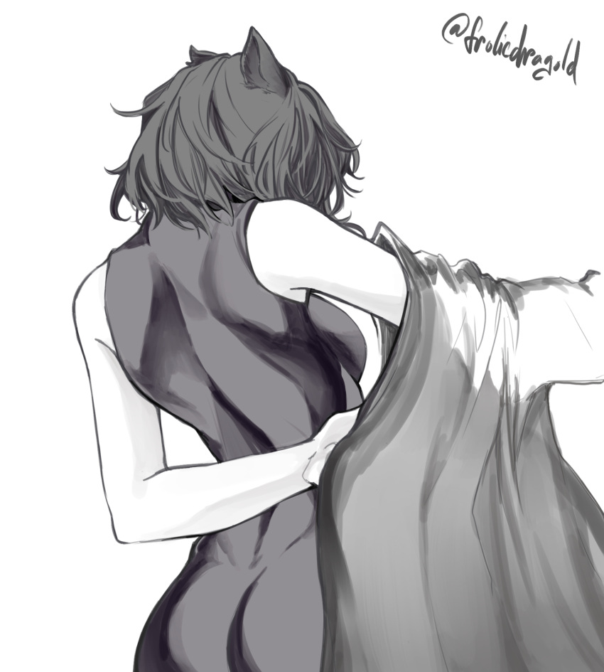 1girl, animal_ears, artist_name, ass, back, back_muscles, bare_arms, bare_shoulders