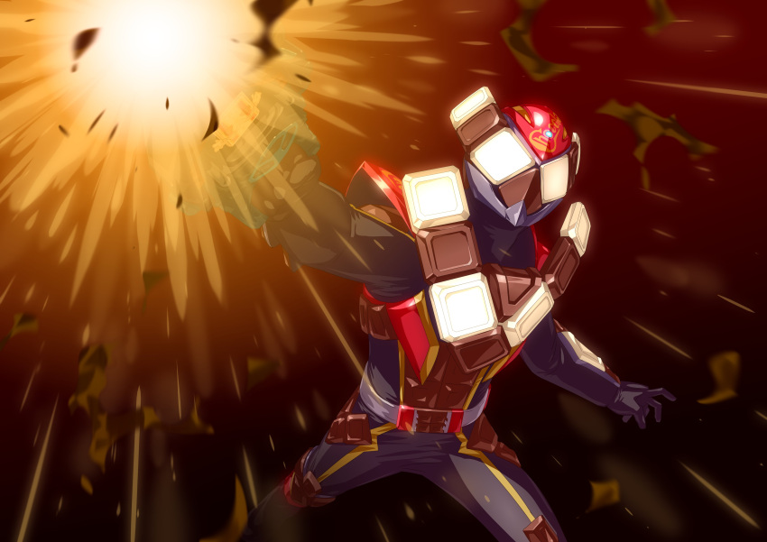 1boy, absurdres, armor, bodysuit, brown_armor, chocodon_(white_chocolate), chocolate, energy_gun