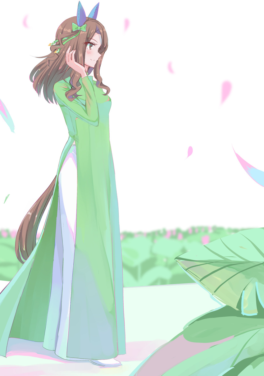 1girl, absurdres, animal_ears, brown_hair, dress, ear_covers, full_body, green_dress